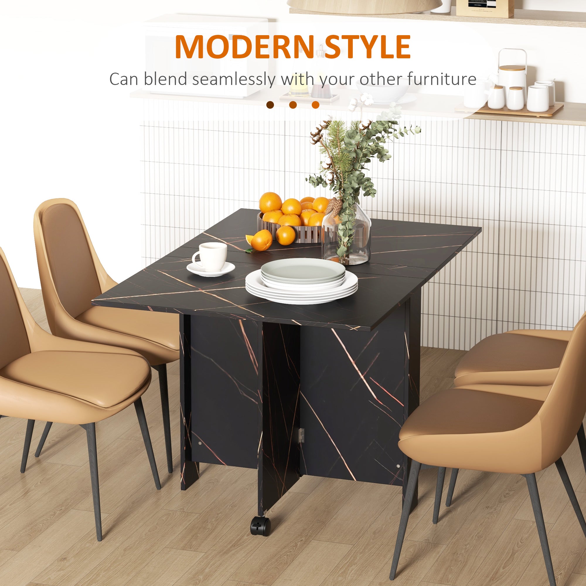 HOMCOM 6-Person Folding Dining Table with Wheels Drop Leaf Faux Marbled Black Side Table for Kitchen Dining Room 