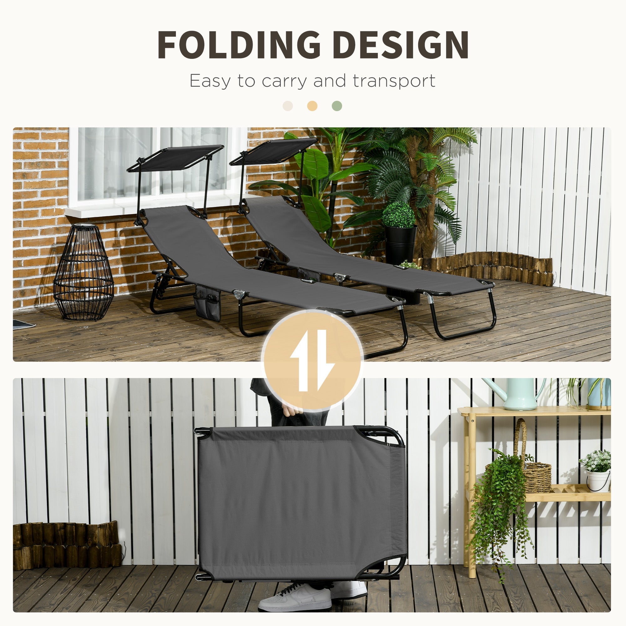 Outsunny 2 Piece Folding Outdoor Chaise Lounges, Pool Tanning Chairs with Reclining Back, Sunshade for Beach, Patio, Dark Grey 