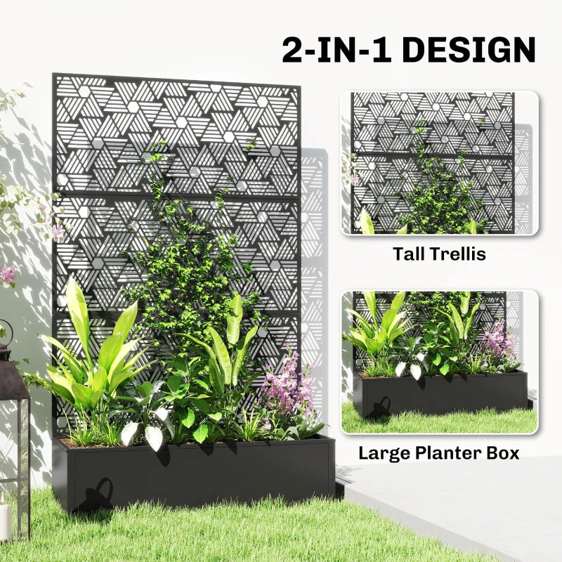 Metal Planter Box with Trellis, 70" Tall Raised Garden Bed with Privacy Screen, Hexagon and Line Cut-Out