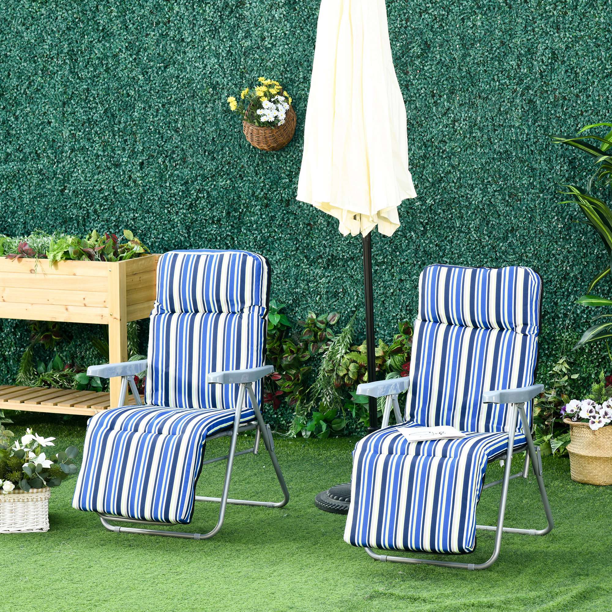Outsunny Set of 2 Garden Sun Lounger, Outdoor Reclining Seat Cushioned Seat, Foldable Adjustable Recliner, Grey and Blue 