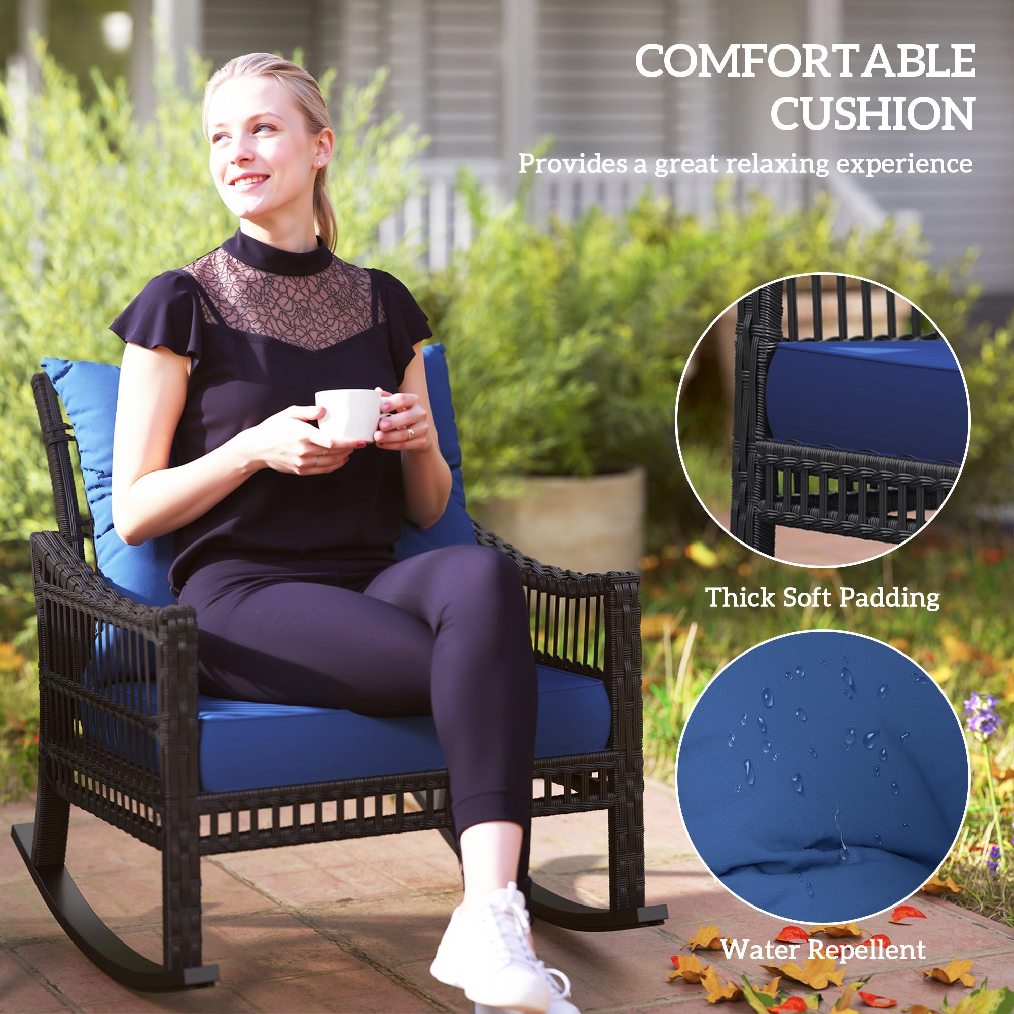 Outsunny 3 Pieces Outdoor PE Rattan Rocker Chair Set, Rocking Chair with Tempered Glass Table Top, 25"x26"x28", Dark Blue 