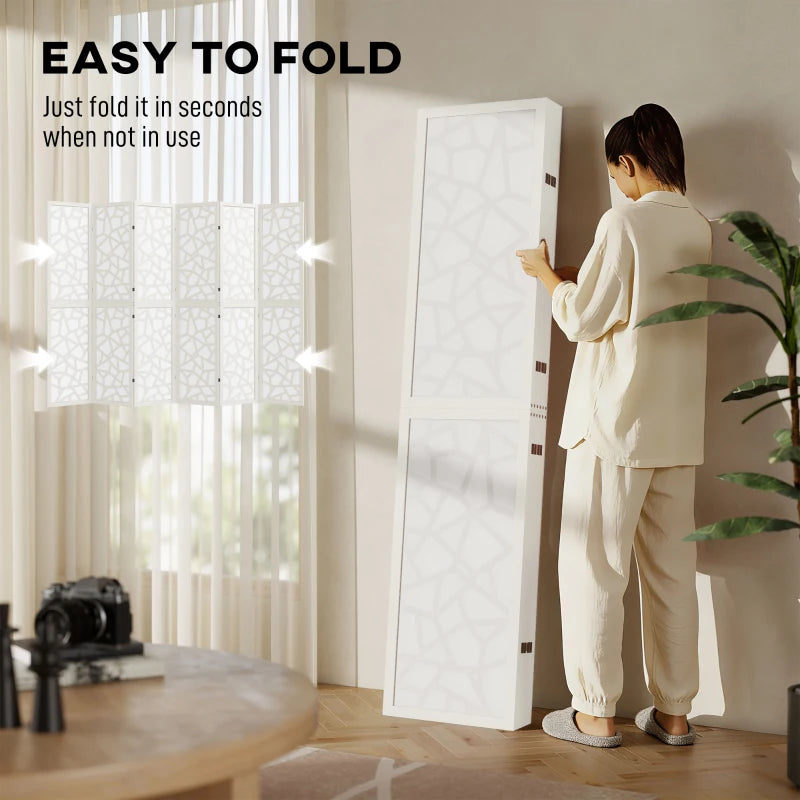 6 Panel Room Divider, 5.6 FT Lightweight Folding Privacy Screen with Geometric Pattern for Living Room, Bedroom, White