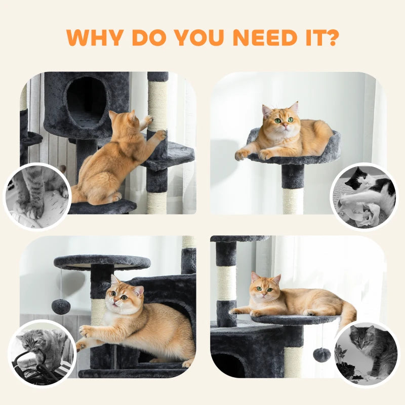 62" Cat Tree with Scratching Post, 2 Condos, Hammock, Perches, Plush, Pompoms, for Indoor Cats, Dark Grey