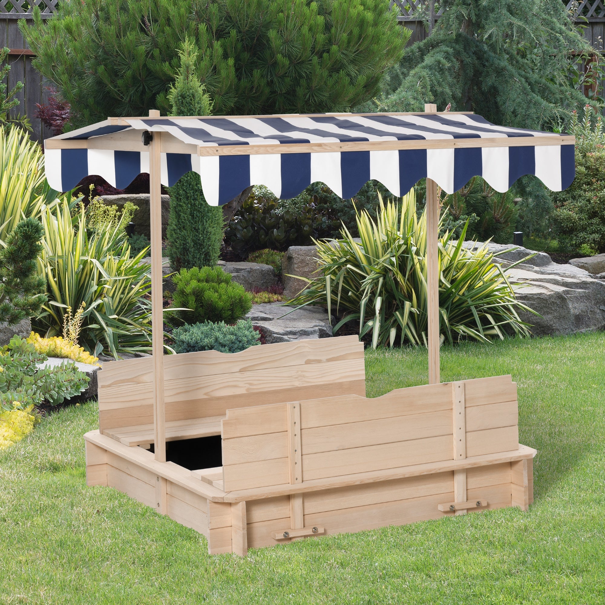 Outsunny Wooden Sandbox for Kids with Adjustable Canopy and Convertible Bench, Outdoor Playset - Sand 