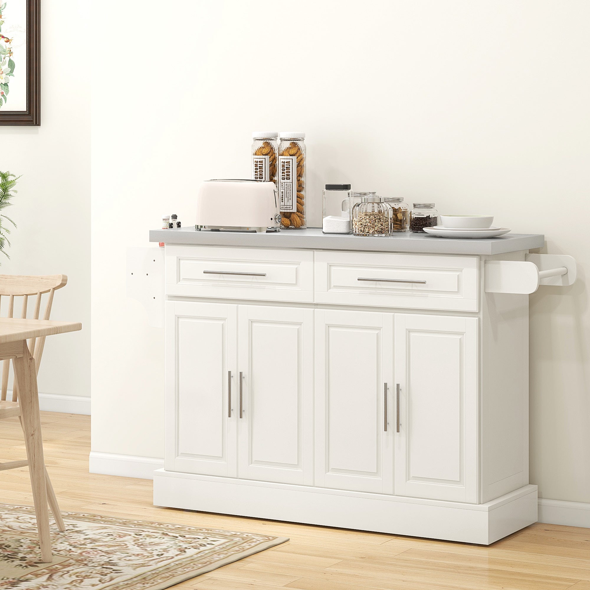 HOMCOM Rolling Kitchen Island with Storage and Stainless Steel Top, Kitchen Trolley with Drawers, Cabinets, Towel Rack, Cream 