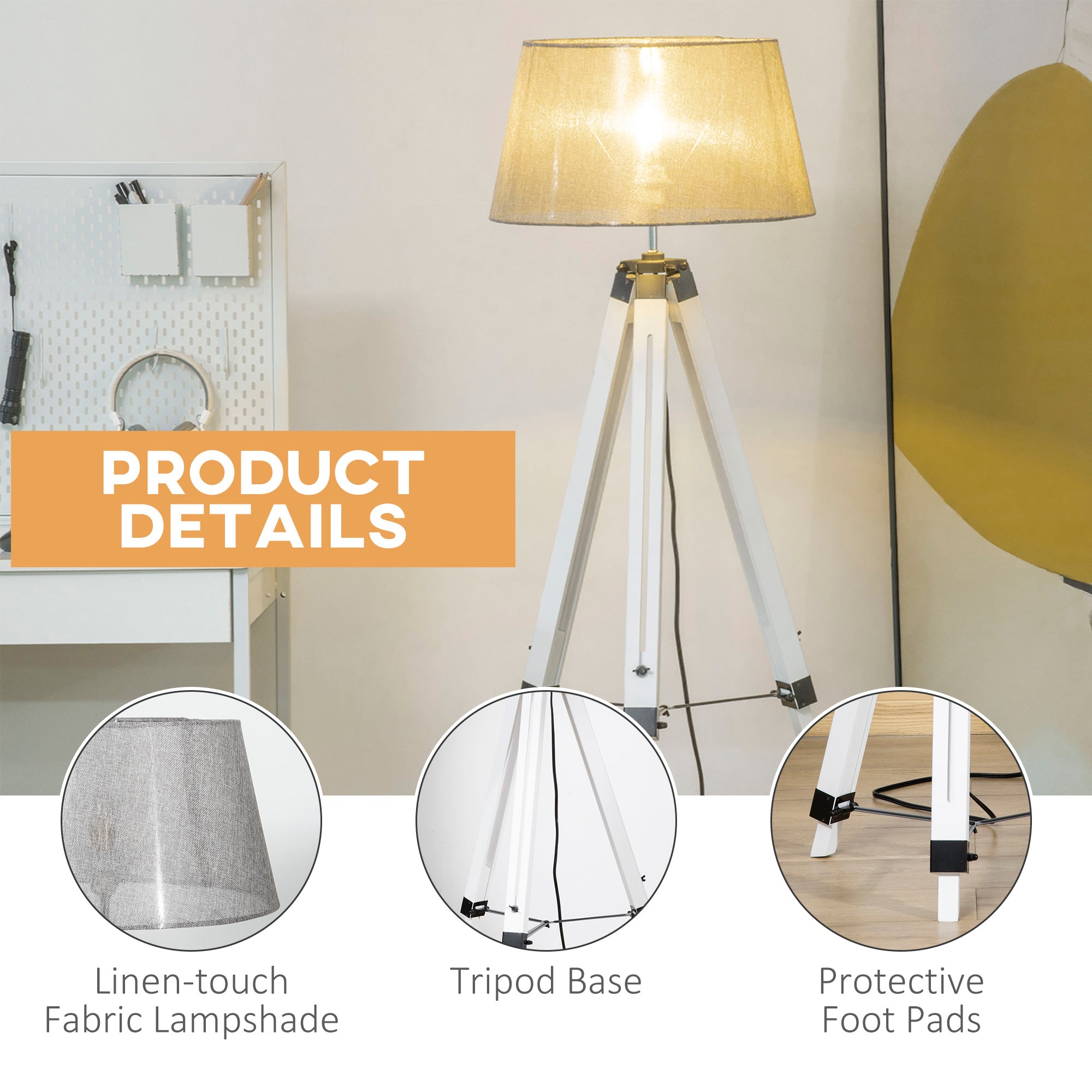 HOMCOM Illuminating Elegance: Adjustable Wooden Tripod Floor Lamp, Modern E26 Standing Light for Living Room, Bedroom, White & Grey 