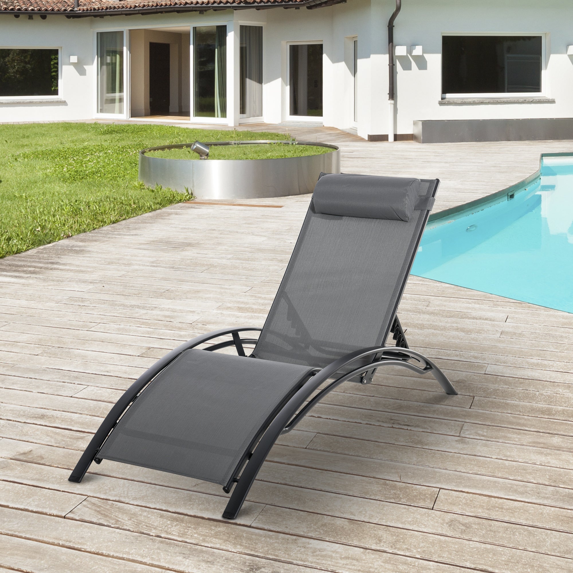 Outsunny Patio Reclining Outdoor Lounge Chair, Outdoor Aluminum Tanning Chair with 5-Level Adjustable Backrest & Head Pillow, Grey 