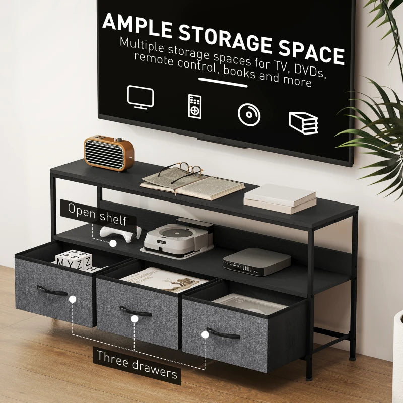 TV Stand with Charging Station, TV Table with 3 Foldable Linen Drawers and Open Shelf for 55 Inch Television, Black