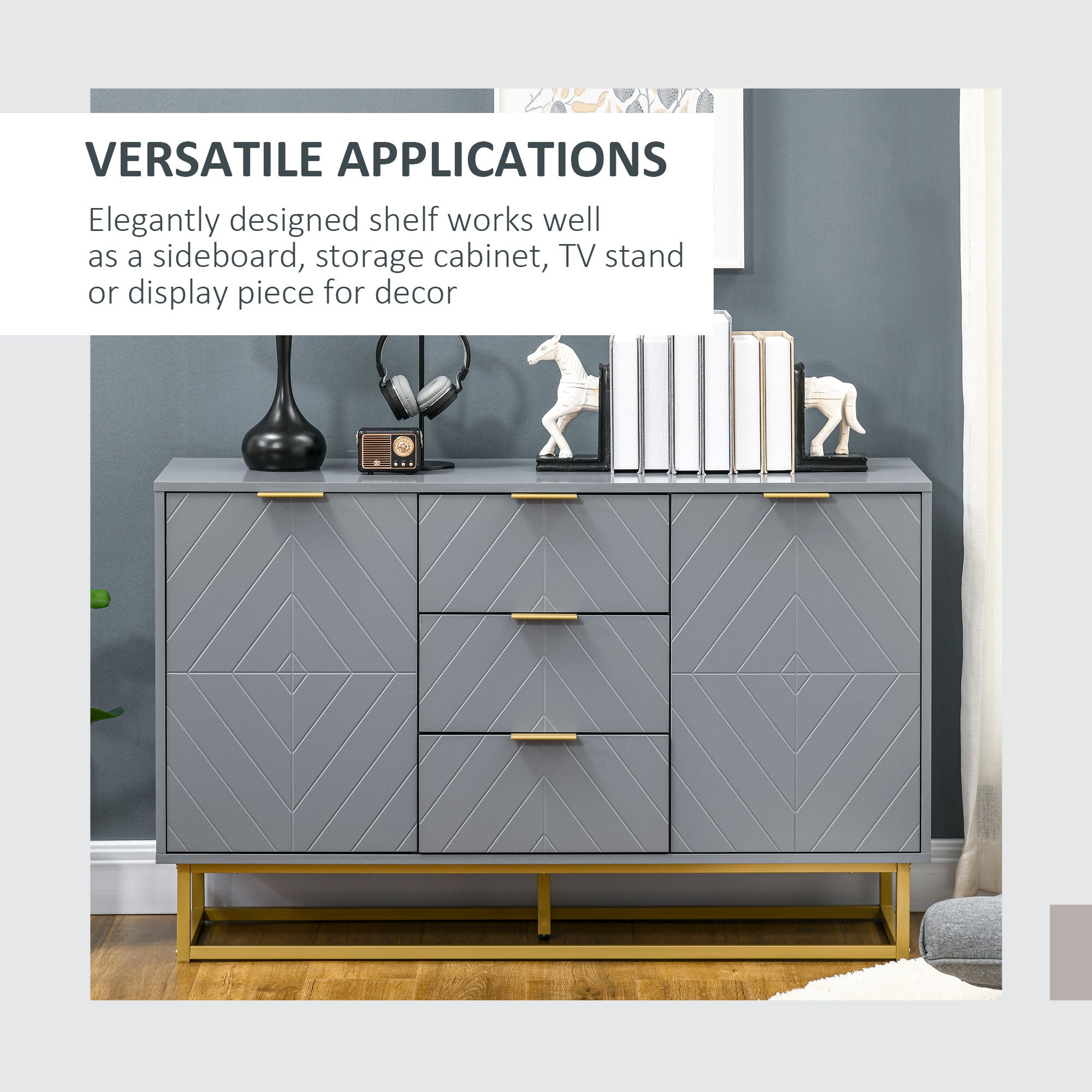 HOMCOM Contemporary 3-Drawer Storage Cabinet Sideboard Metal Handles Freestanding Dresser Dining Room Grey 