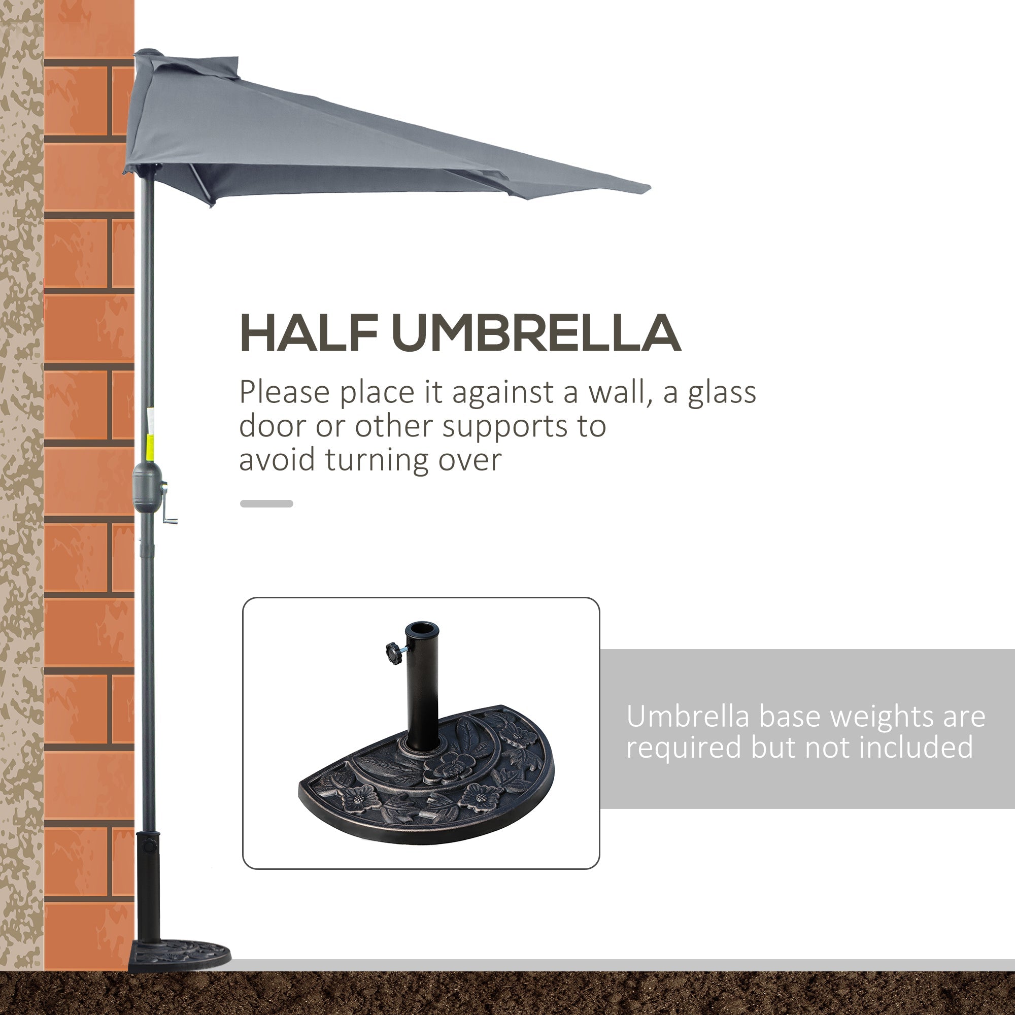 Outsunny 9' Half Round Balcony Parasol Patio Garden Outdoor Window Sun Shade 5 Ribs Grey 