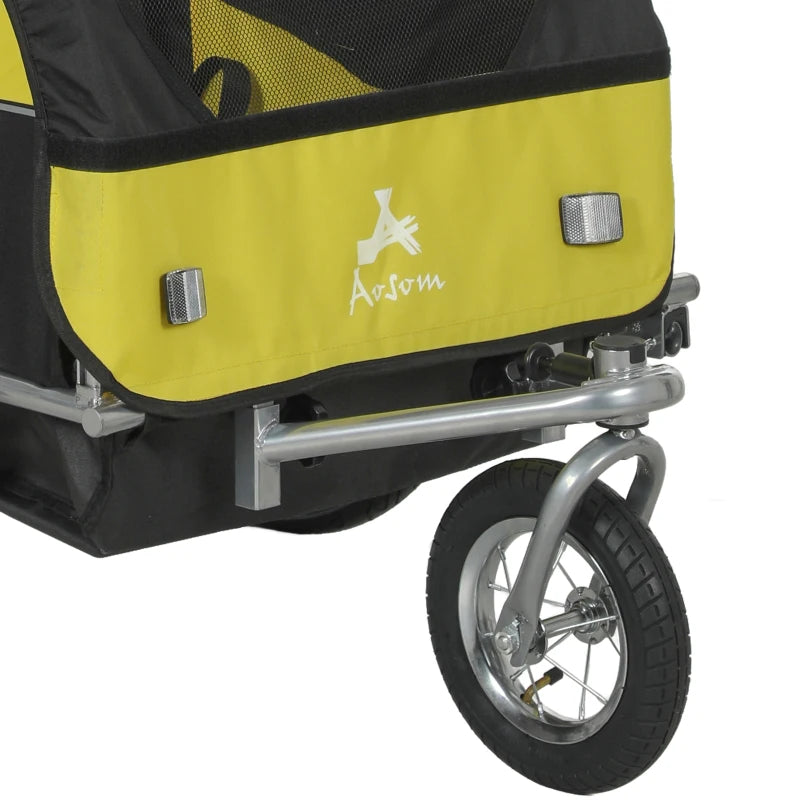 Aosom 2-in-1 Bike Trailer for Kids, Foldable 2-Seat Baby Stroller with 5-Point Harness, Rubber Wheels, Storage Bag, Yellow