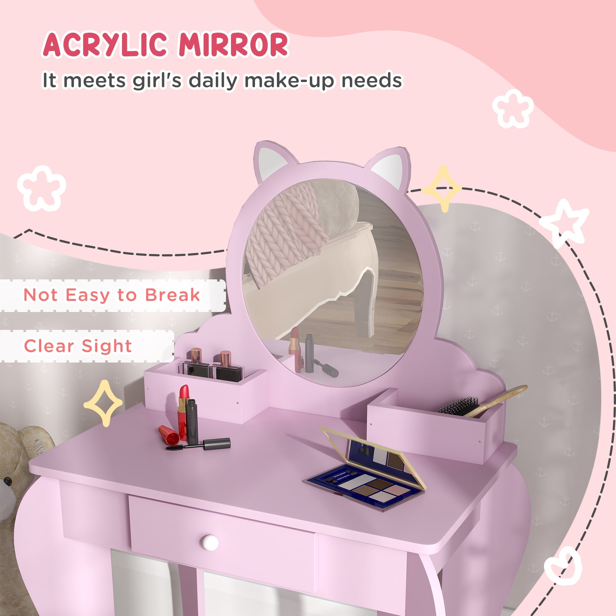 Qaba Makeup Vanity with Mirror and Stool Cat Design Drawer Storage Boxes for 3-6 Years Old Pink 