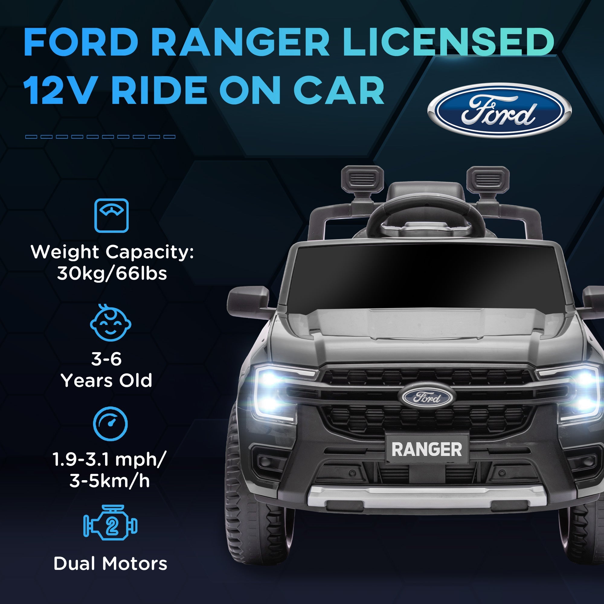 Qaba Ford Ranger Licensed 12V Ride on Car Battery Powered Kids Truck w/ Rear Storage Remote, Spring Suspension, Grey 