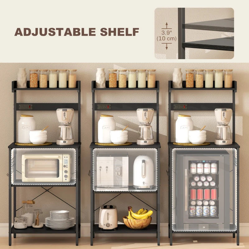 Kitchen Baker's Rack with Power Outlet, Coffee Bar Station with Adjustable Shelves and Hooks, Distressed Black