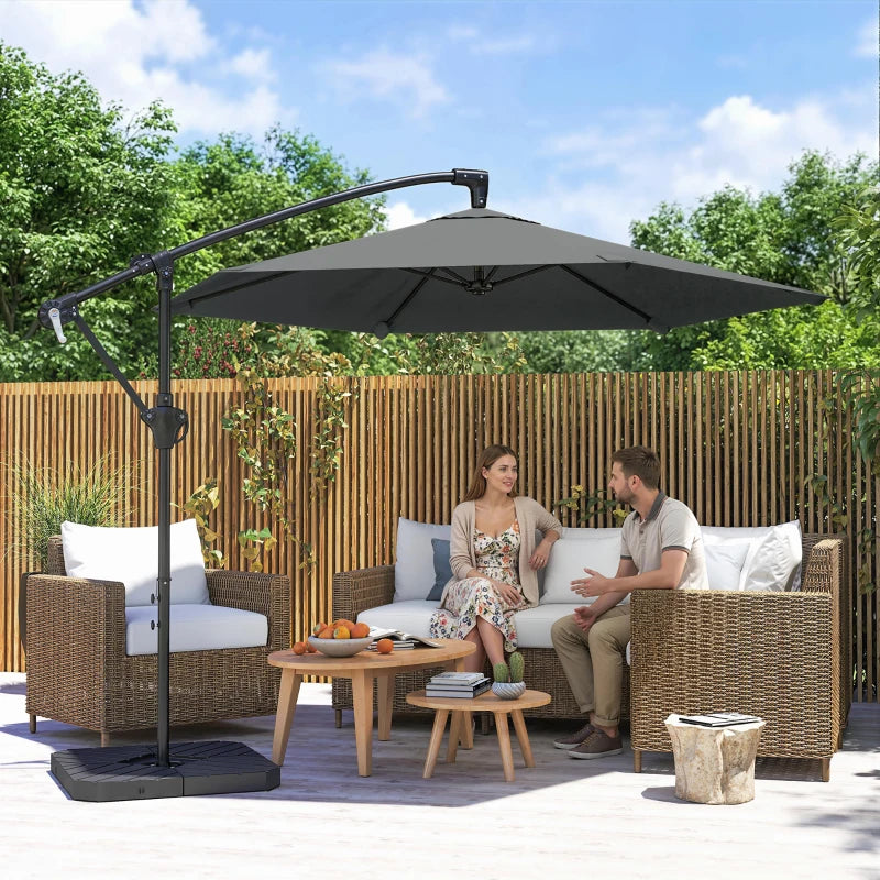 9.7 ft Offset Patio Umbrella with Water/Sand Fillable Weights, Garden Hanging Parasol with Locking Latch, Dark Grey