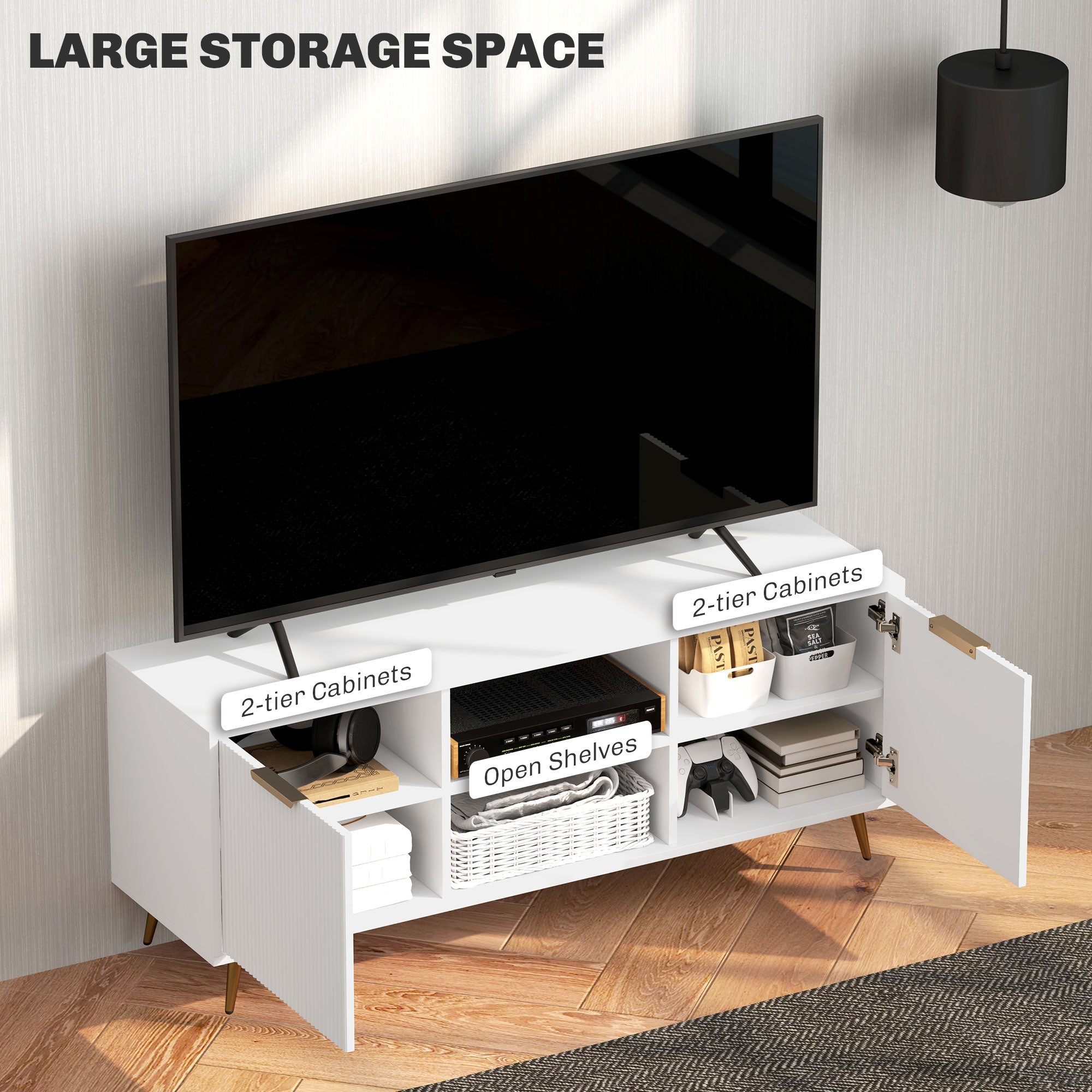 HOMCOM TV Stand with Storage for 55 Inch TV, Modern TV Cabinet with 2 Open Shelves and 2 Cabinets for Living Room, White 