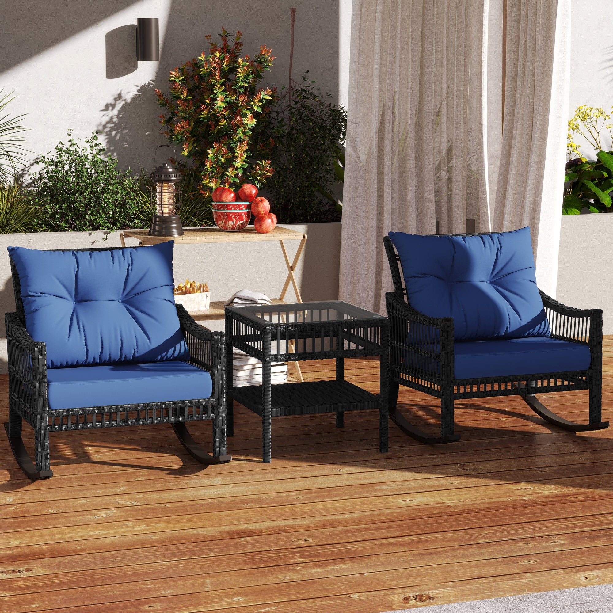Outsunny 3 Pieces Outdoor PE Rattan Rocker Chair Set, Rocking Chair with Tempered Glass Table Top, 25"x26"x28", Dark Blue 
