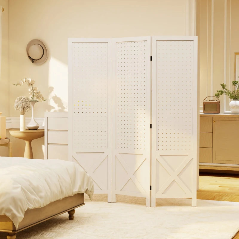 56.9" 3 Panel Wooden Room Divider with Pegboard Display, Folding Privacy Screen for Home Office, White