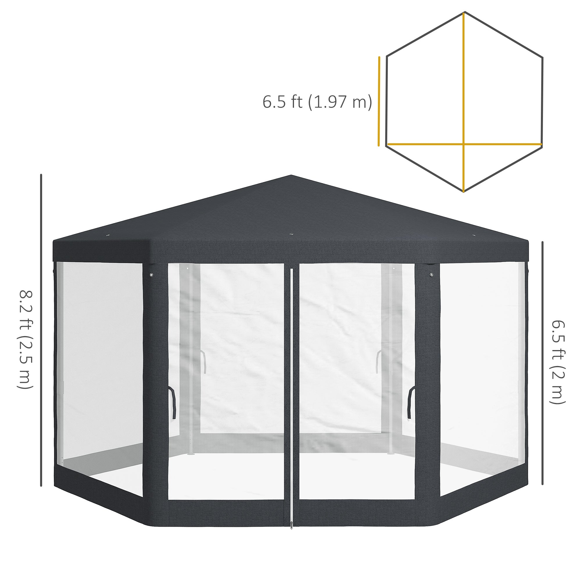Outsunny Φ13' Hexagon Party Tent Patio Gazebo Outdoor Activity Event Canopy Quick Sun Shelter Pavilion with Netting Mesh Sidewall Dark Grey 