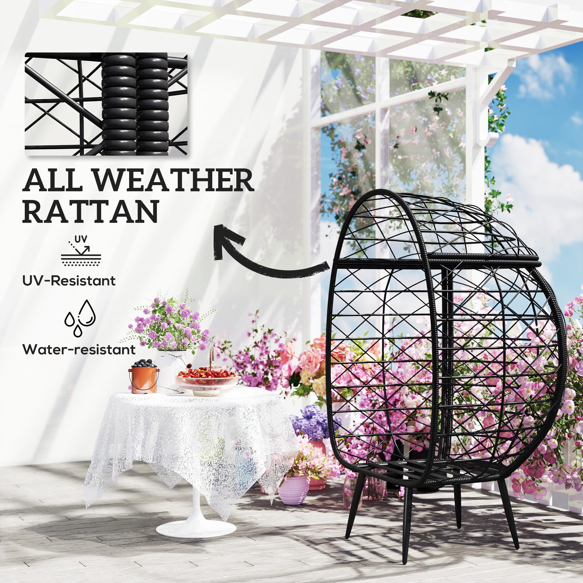 Outsunny Rattan Egg Chair, Indoor Outdoor Lounger with Cushions and Cup Holder for Backyard, Garden, Lawn, Living Room, Grey 