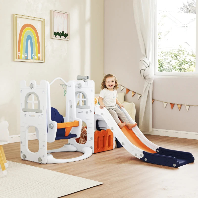 Qaba 6-in-1 Slide and Swing Set Baby Swing Playset Indoor with Basketball Hoop, Climber, Storage Space, Telescope, Orange