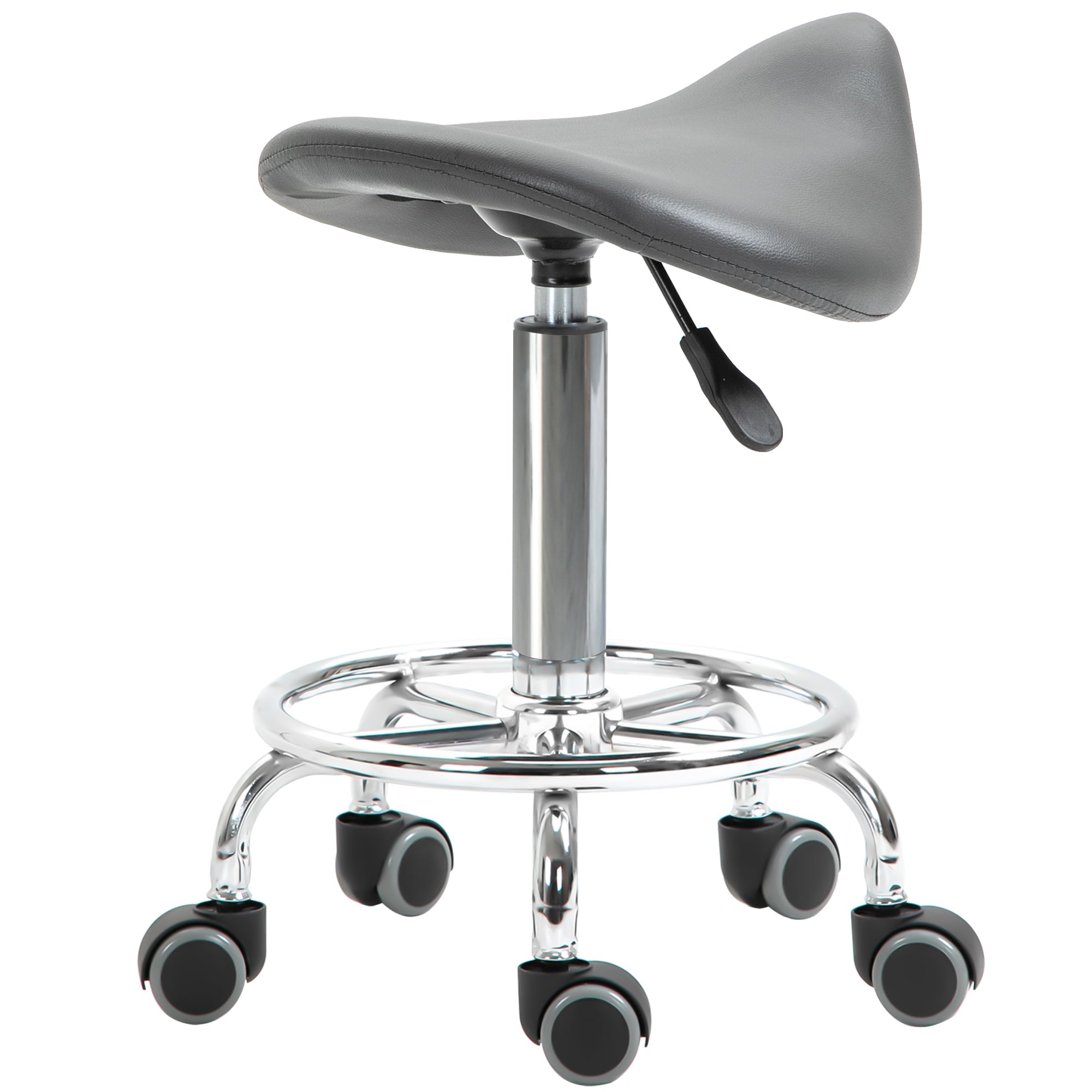 HOMCOM Saddle Stool PU Leather Adjustable Rolling Salon Chair Grey for Massage Spa Clinic Beauty Tattoo 