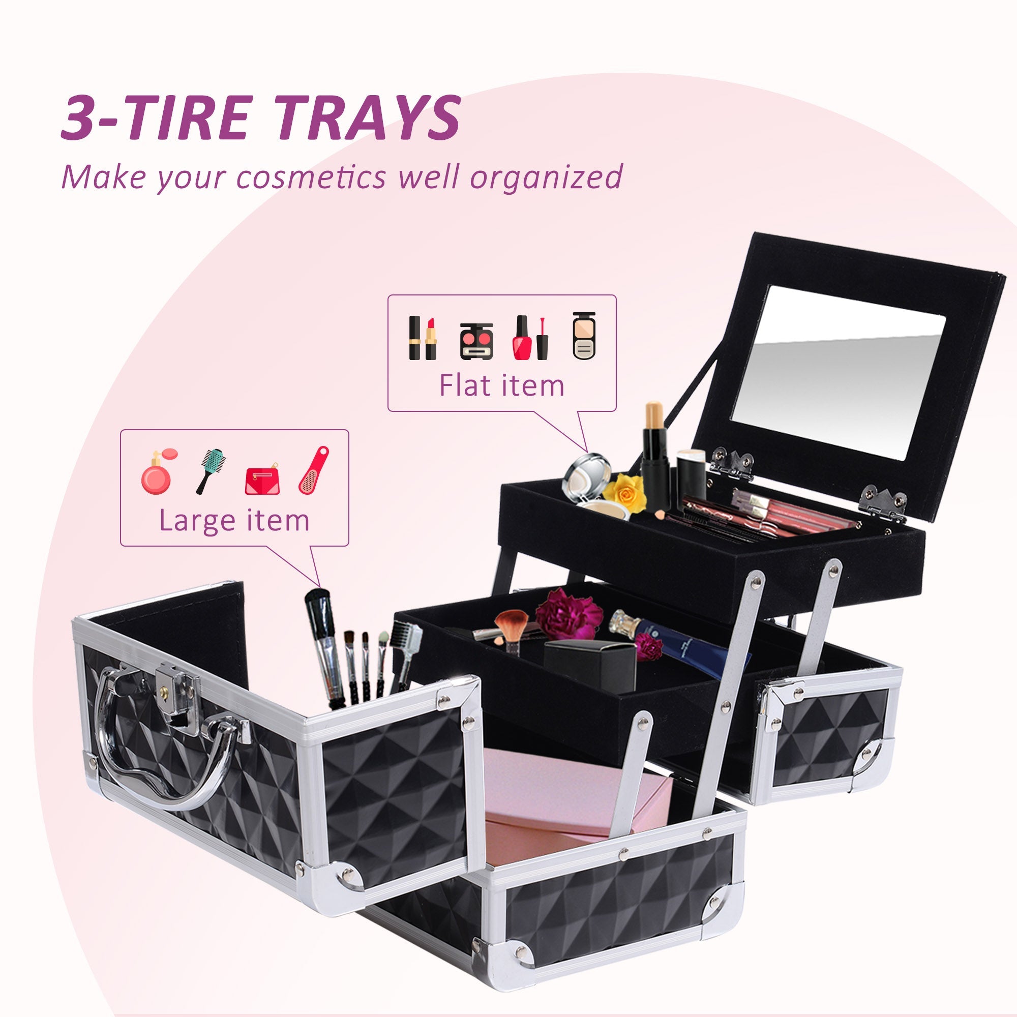 HOMCOM Cosmetic Train Case 3 Tier Diamond Texture Organizer with Mirror Portable Black 8"x6"x6" 