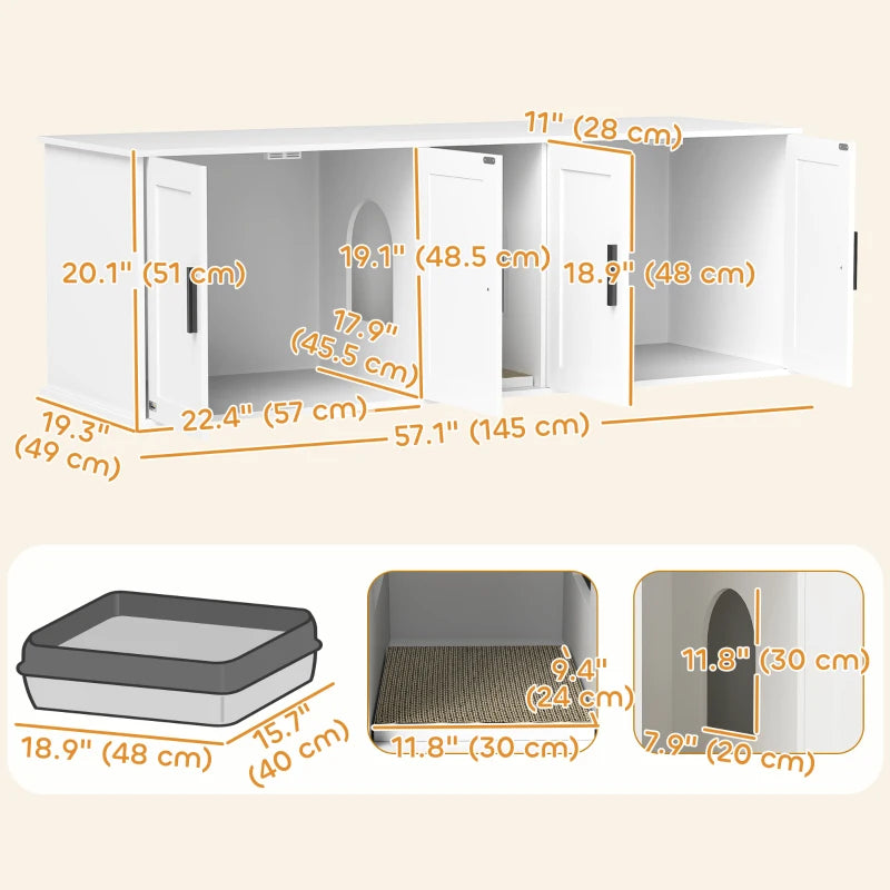 Cat Litter Box Enclosure with Double Room, Scratching Board for 2 Cats, 57" x 19" x 20", White