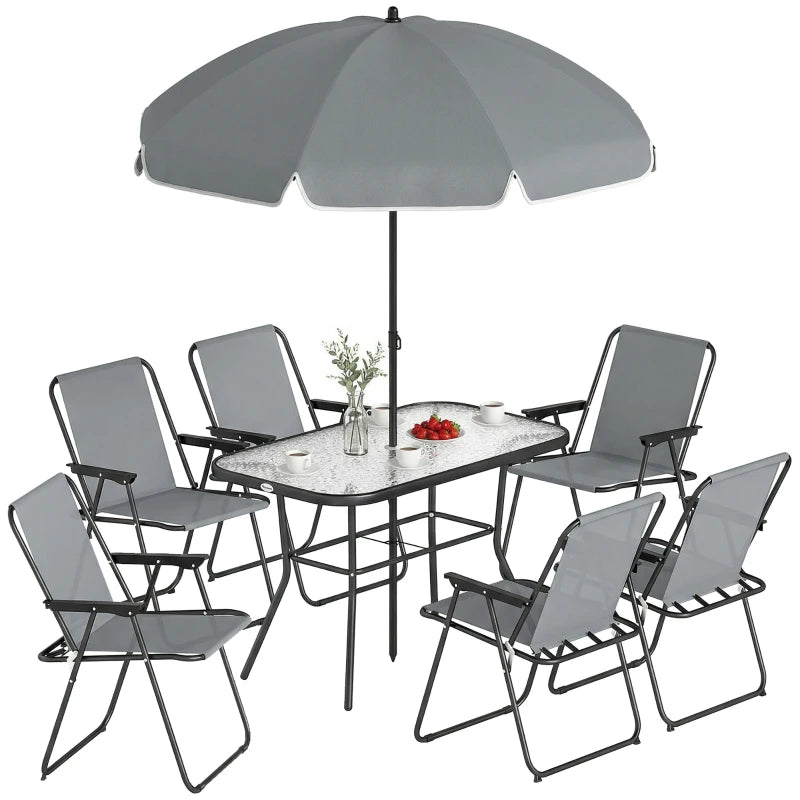 8 Piece Patio Table and Chairs Set with Folding Chairs, Tempered Glass Tabletop and Umbrella for Garden, Grey