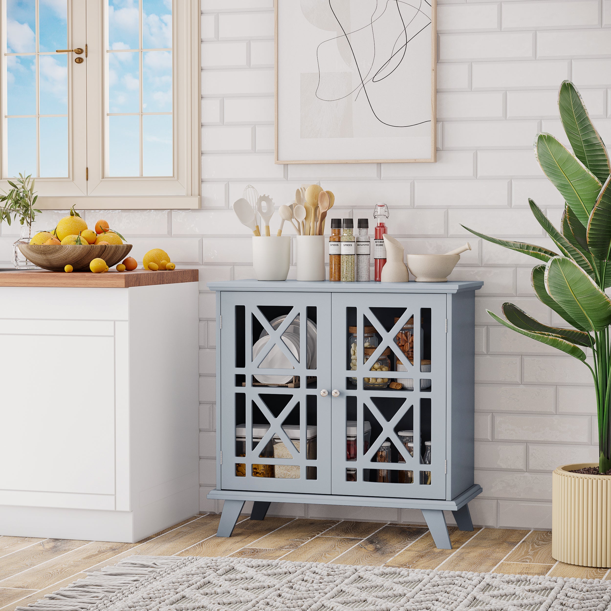 HOMCOM Modern Grey Cabinet: Fretwork Doors, Shelf, Freestanding Sideboard Buffet for Elegant Dining, Living Room 