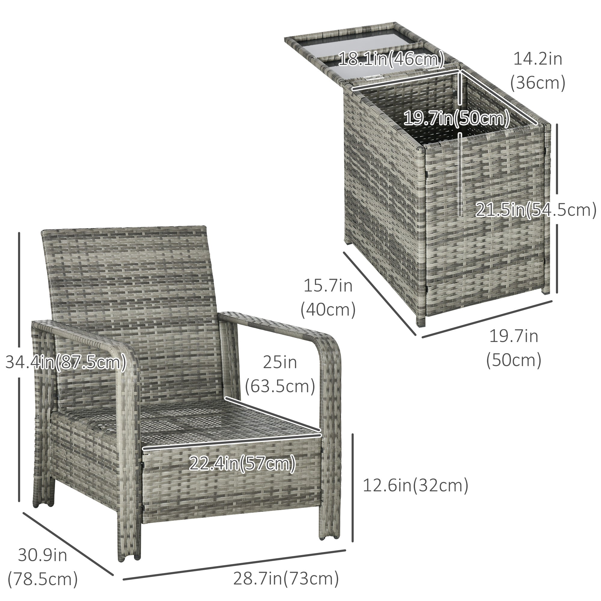 Outsunny 3 Pieces Patio Bistro Set, PE Rattan Garden Sofa Set with 2 Padded Chairs 1 Storage Table, Beige 