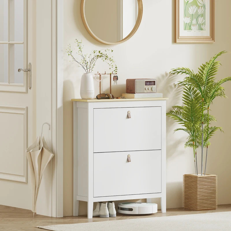 Narrow Shoe Cabinet with 2 Flip Drawers, Adjustable Shelves for Entryway, Holds 10-14 Pairs, White