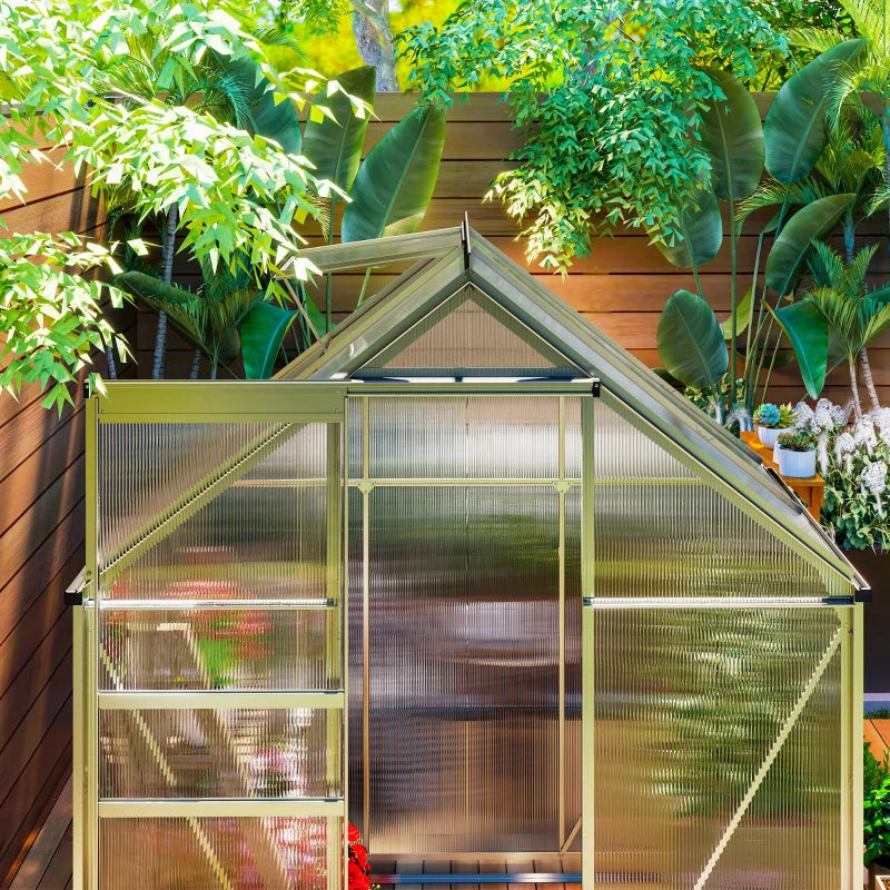 6' x 4' x 6.6' Walk-in Greenhouse, Polycarbonate Greenhouse with Adjustable Roof Vent, Base, Sliding Door, Clear
