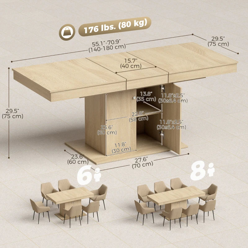 Extendable Dining Table with Storage Cabinet & Adjustable Shelf – Natural Wood