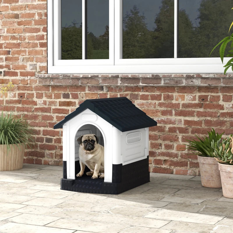 Outside Dog Kennel House with Windows, Base Support, for Garden Patio, Miniature Dogs, 64.5 x 57 x 66cm, Dark Grey