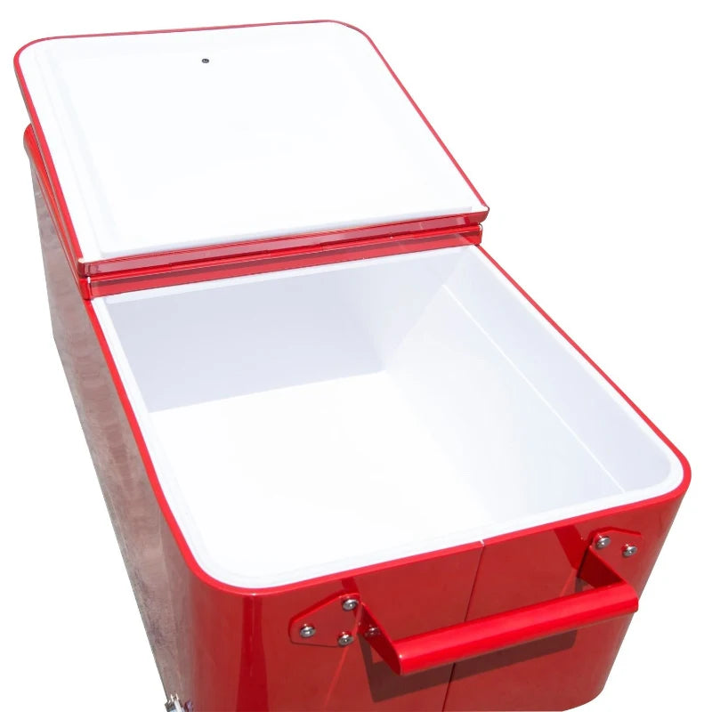80 Quart Rolling Cooler Cart Portable Patio Ice Beer Beverage Cooling Bin w/ Bottle Opener & Storage Shelf Red