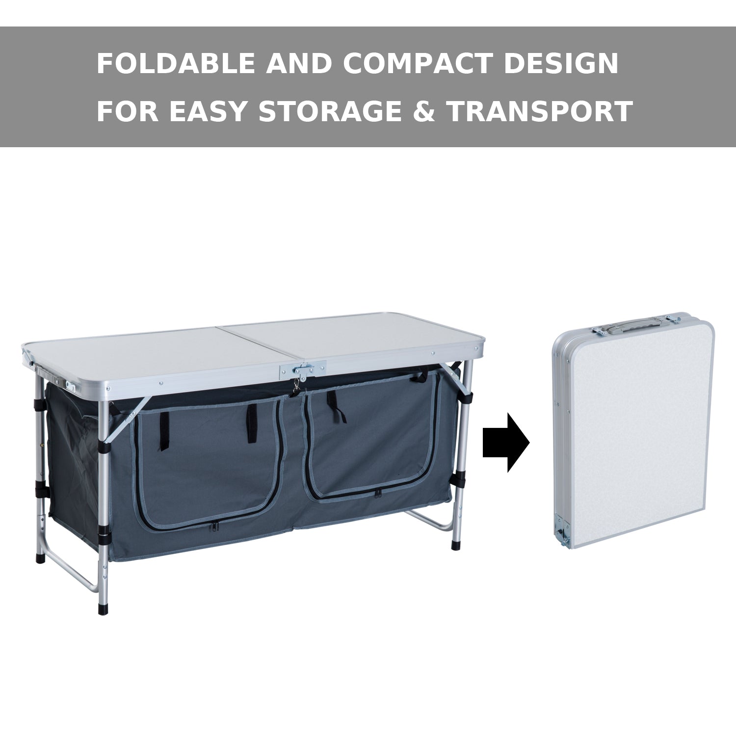 Outsunny Portable Folding Picnic Table Aluminum Adjustable Height with Storage Organizer for BBQ Camping Outdoor 