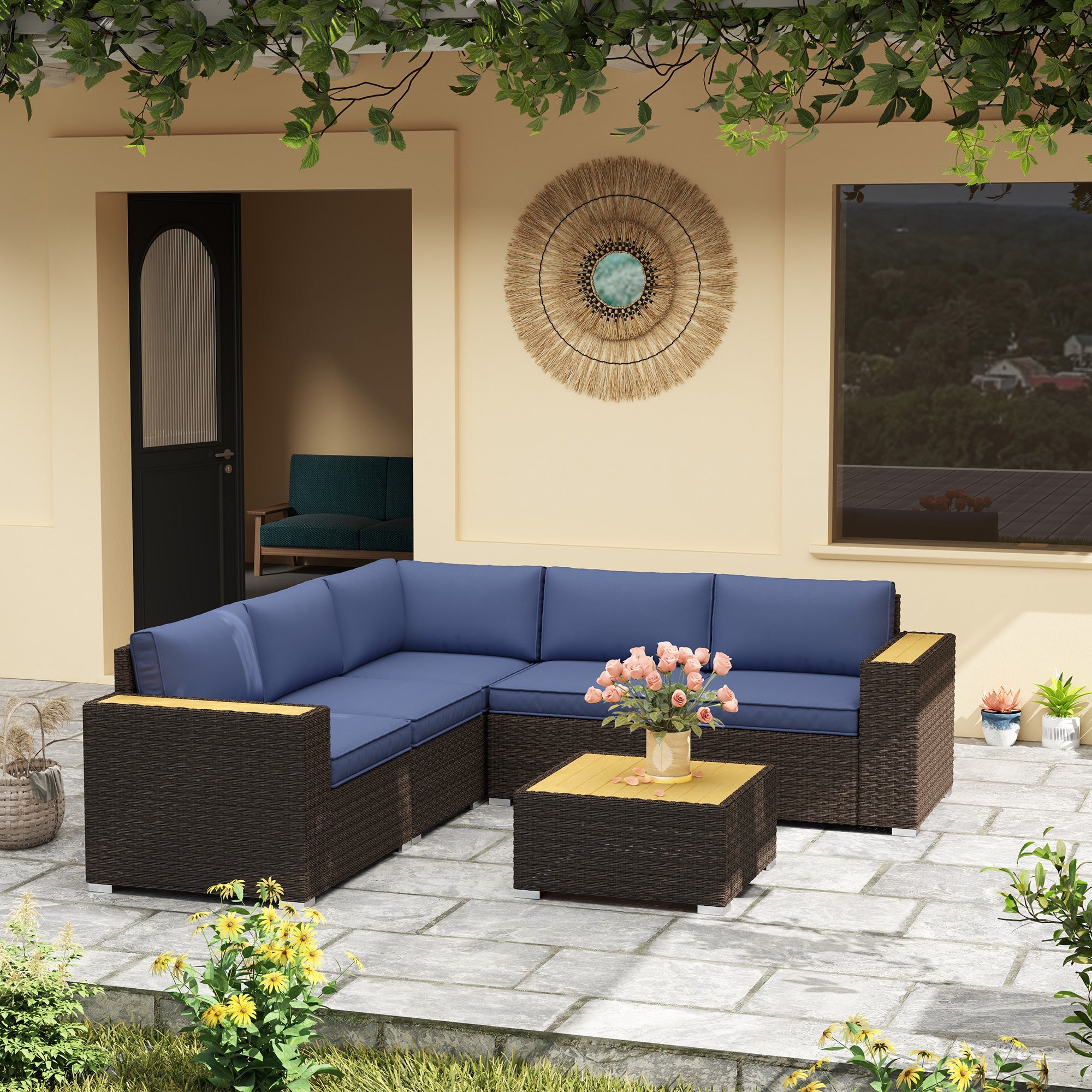 Outsunny 6 Pieces Outdoor Rattan Patio Furniture Set with Corner Sofa, Wood-Plastic Coffee Table, Navy Blue 