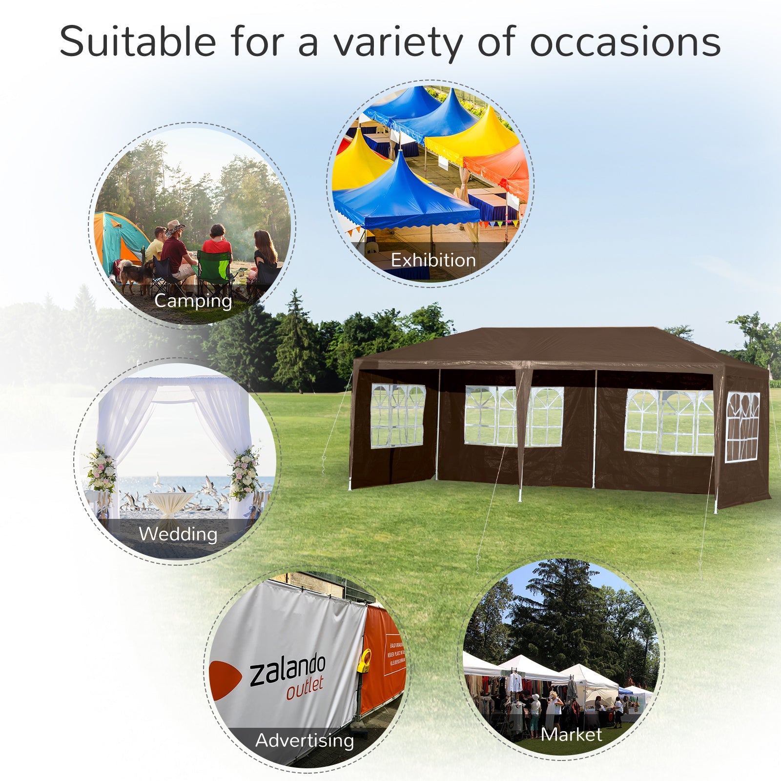 Outsunny 19' x 9' Party Tent Gazebo Canopy with 4 Removable Window for Outdoor Event with Wind Ropes and Ground Stakes, Coffee 