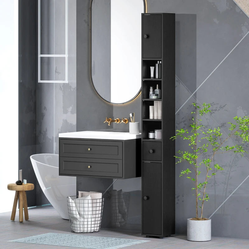 71" Tall Bathroom Cabinet, Narrow Toilet Paper Cabinet with Open Shelves, 2 Door Cabinets, Adjustable Shelves, Black