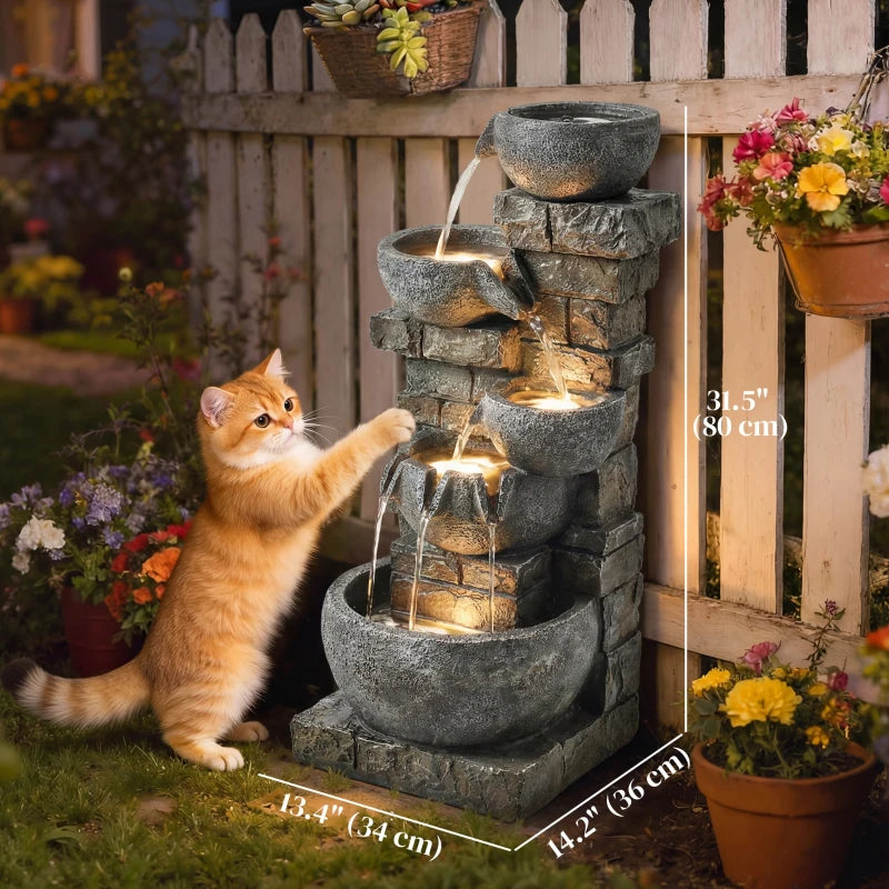 Outdoor 31.5" Tall Water Fountain with LED Lights, 5 Tiers Cascading Water Feature for Garden Patio Home Decor, Grey