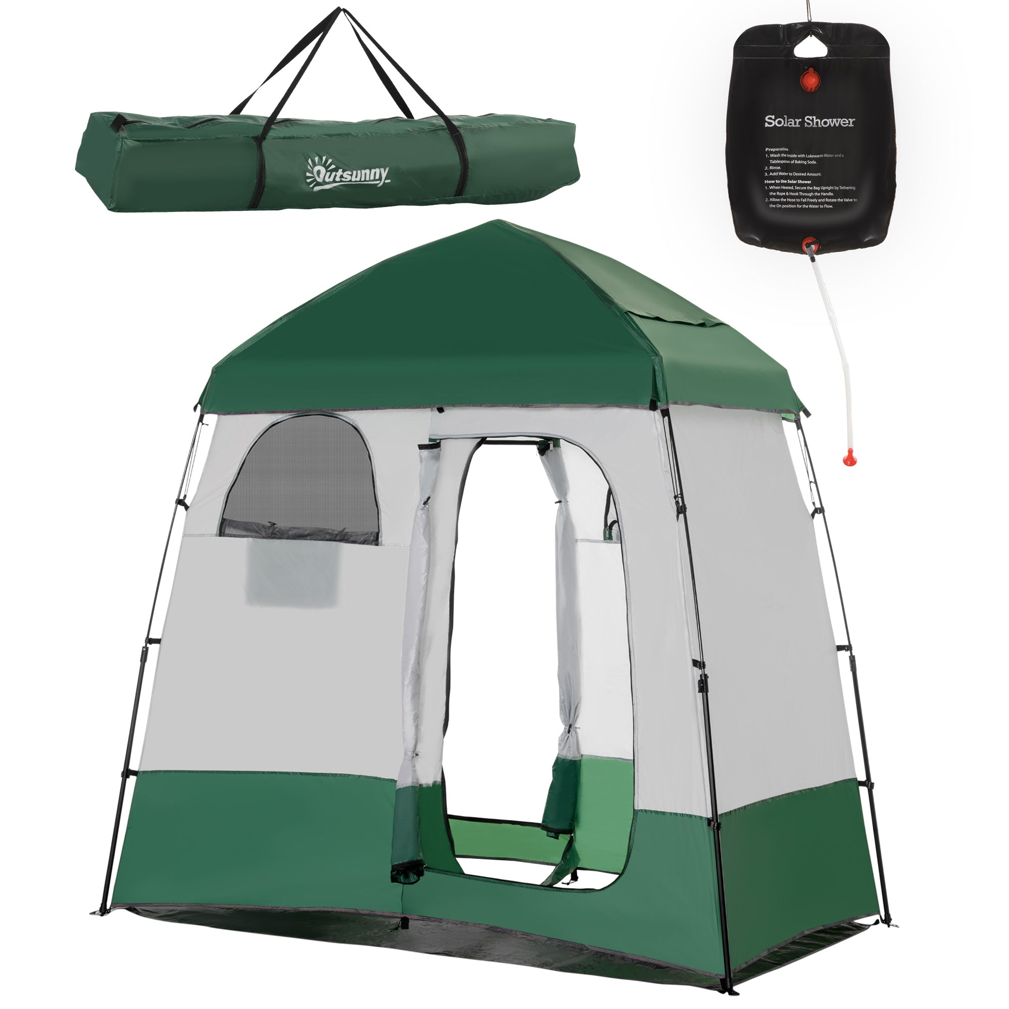 Outsunny Outdoor Portable Pop Up Shower Tent Changing Tent Privacy Enclosure with 2 Rooms, Shower Bag, Floor for Camping, Green 