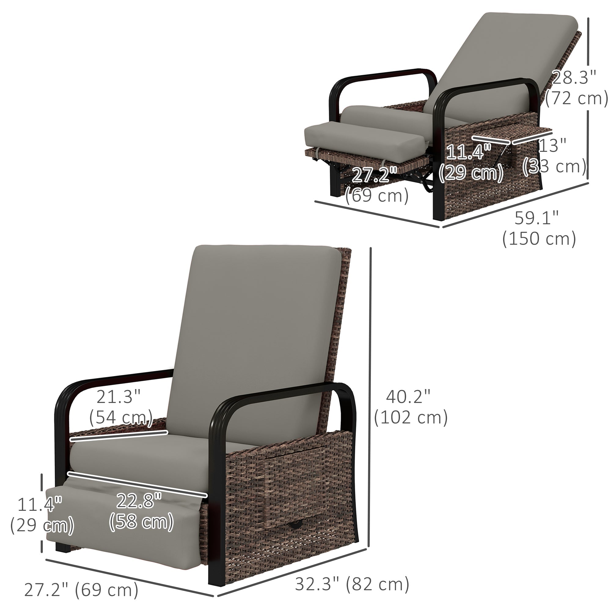 Outsunny Wicker Outdoor Recliner Chair, Reclining Lounge Chair with Adjustable Backrest, Footrest and Side Tray, Light Grey 