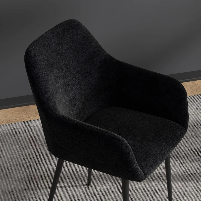 Dining Chairs Set of 2, Velvet-look Fabric Upholstered Kitchen Chairs with Backrest, Armrests and Steel Legs, Black