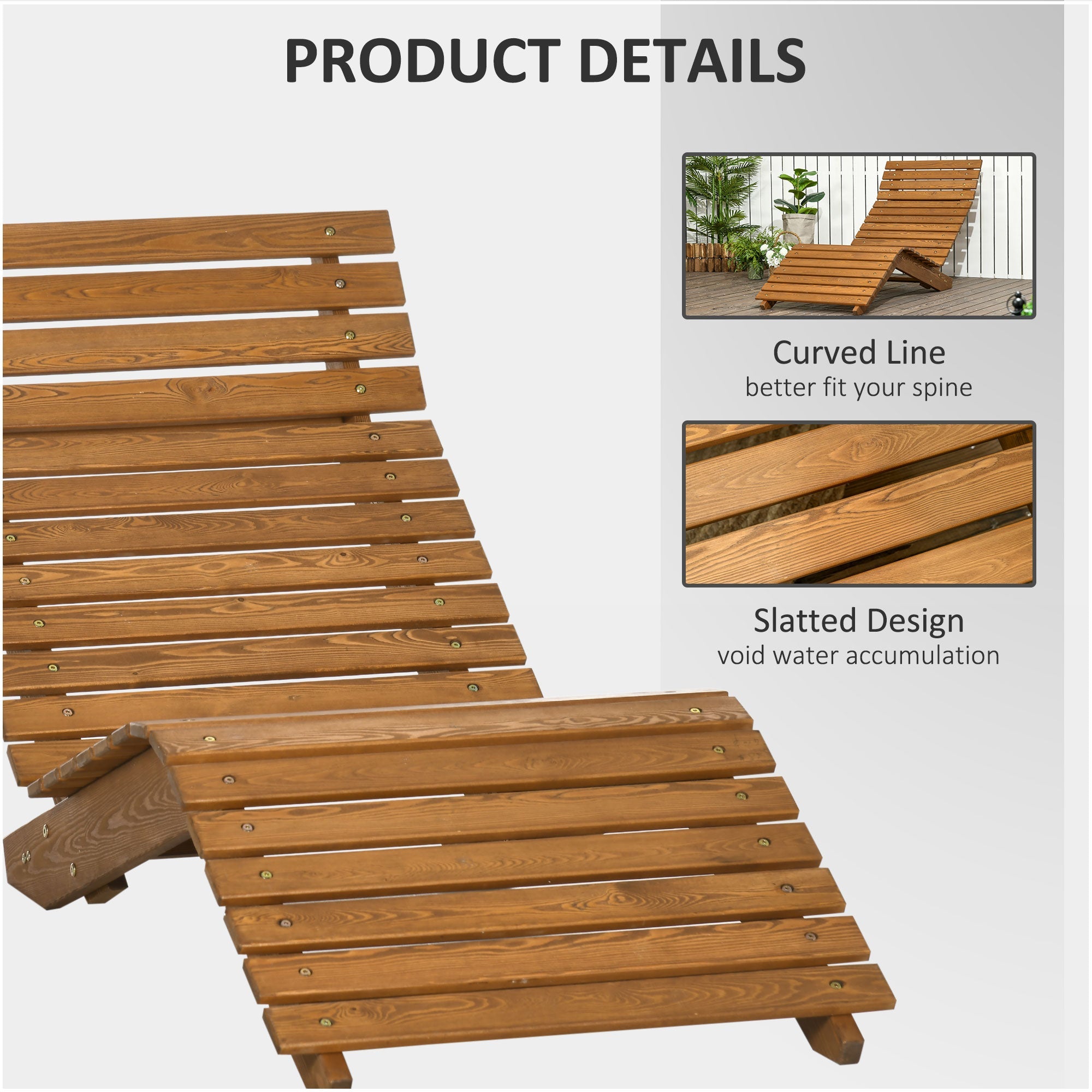 Outsunny Wooden Outdoor Lounge Chair, Curved Design Sun Lounger, Patio Lounge Chair for Garden, Backyard, Teak 