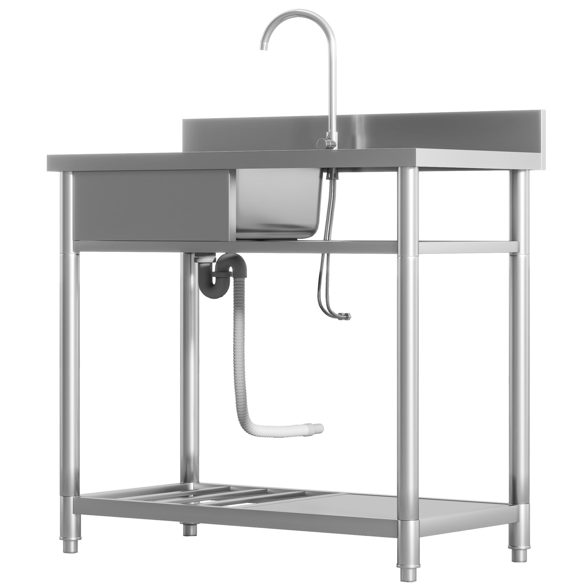 HOMCOM Stainless Steel Outdoor Utility Sink with Cold and Hot Water Pipe and Double Storage Shelves for Laundry Garage 