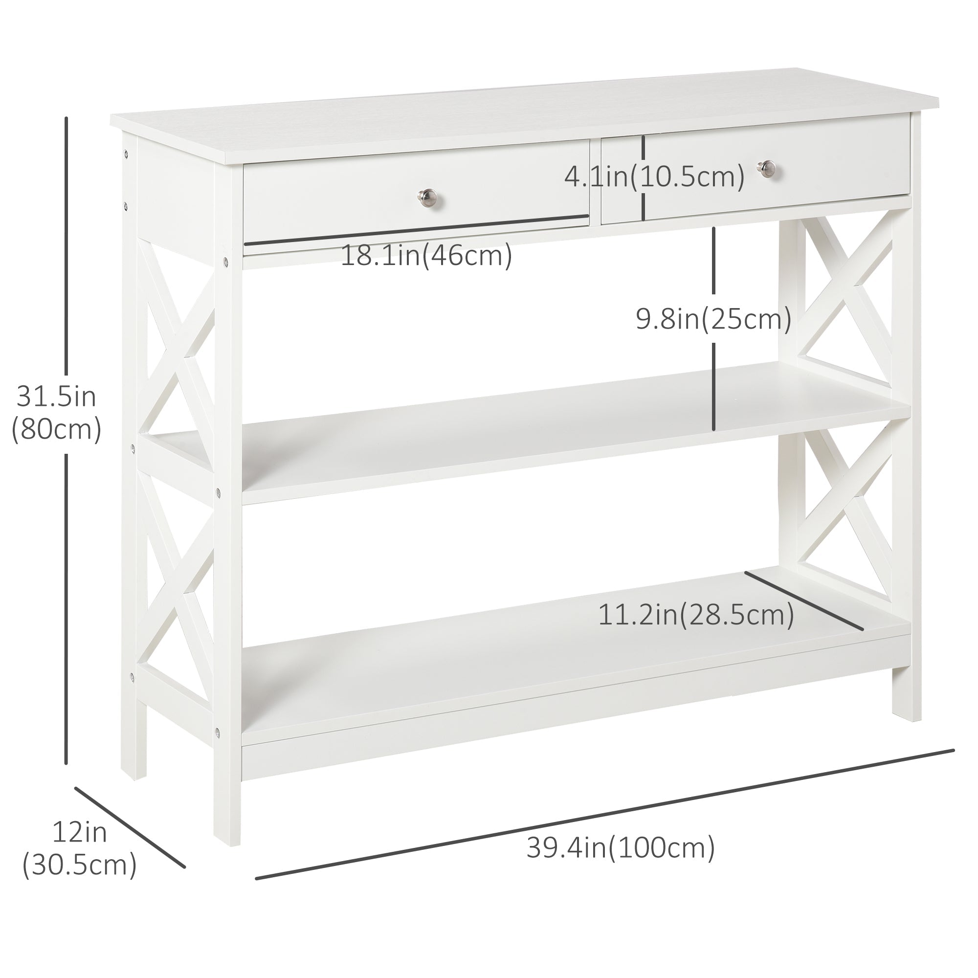 HOMCOM X-Frame Console Table: Sofa Side Table with Storage Shelves & Drawers, Living Room/Entryway, White 
