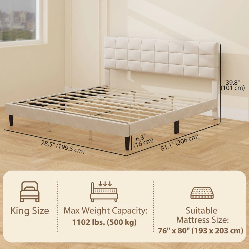 King Size Bed Frame with Upholstered Headboard, Modern Platform Bed Frame with Wood Slats, 1100 lbs Capacity, Cream White