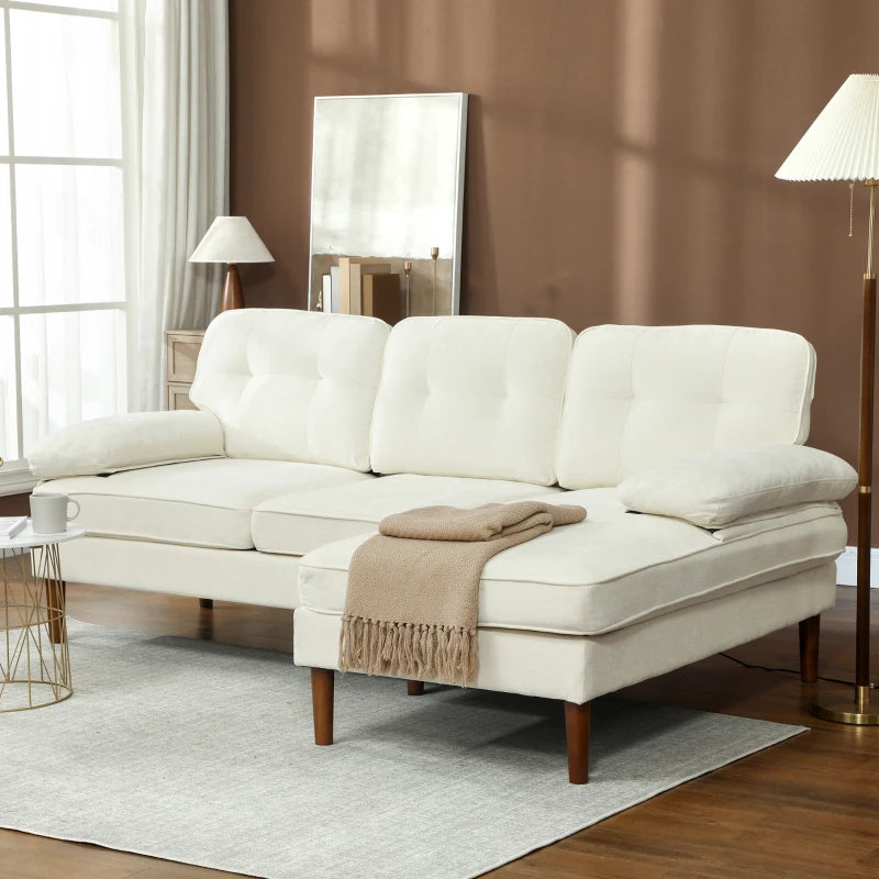 Modern Corner Couch with Right Chaise Lounge, Tufted 3-Seater Sofa with Wooden Legs for Living Room, Cream White