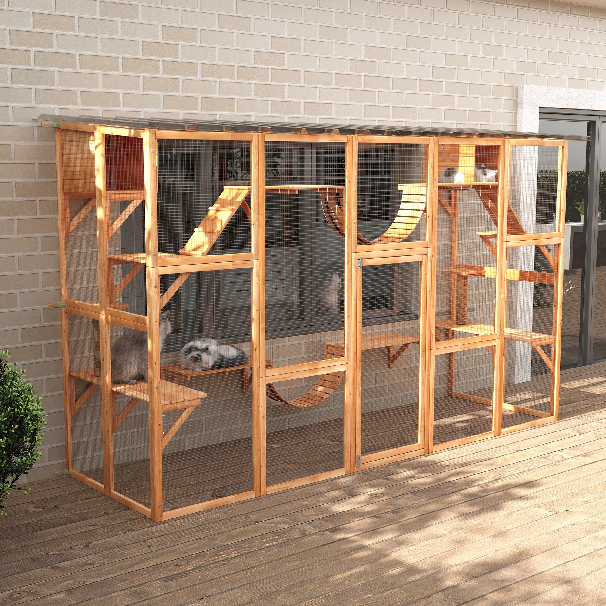 PawHut Expansive Outdoor Catio with Condos Platforms Doors Ladders Weather-Resistant Roof Orange 